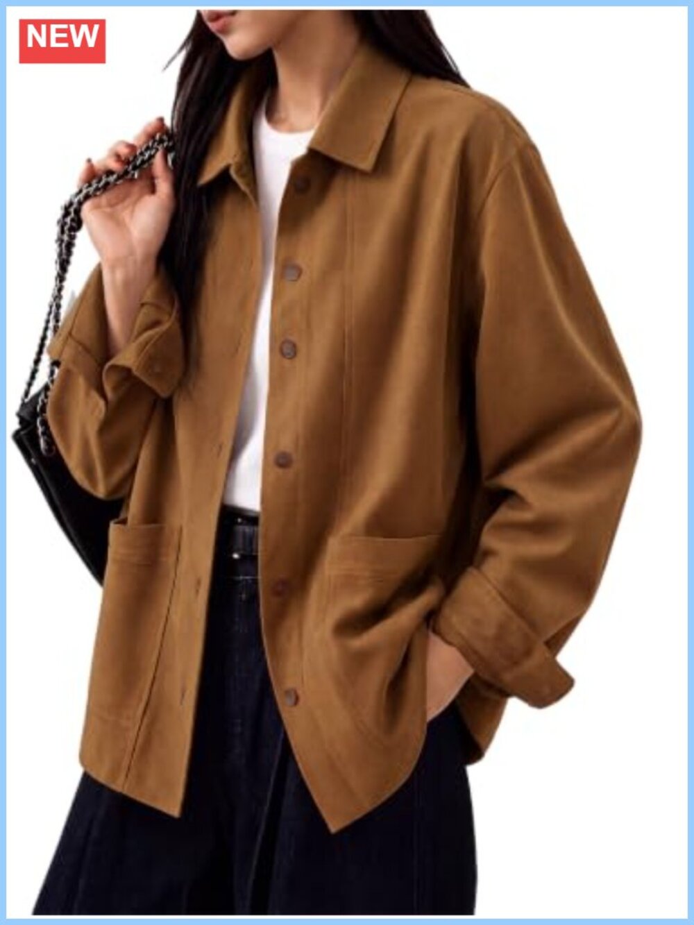 Womens Faux Suede Jacket Lapel Collar Button Utility Pockets Casual